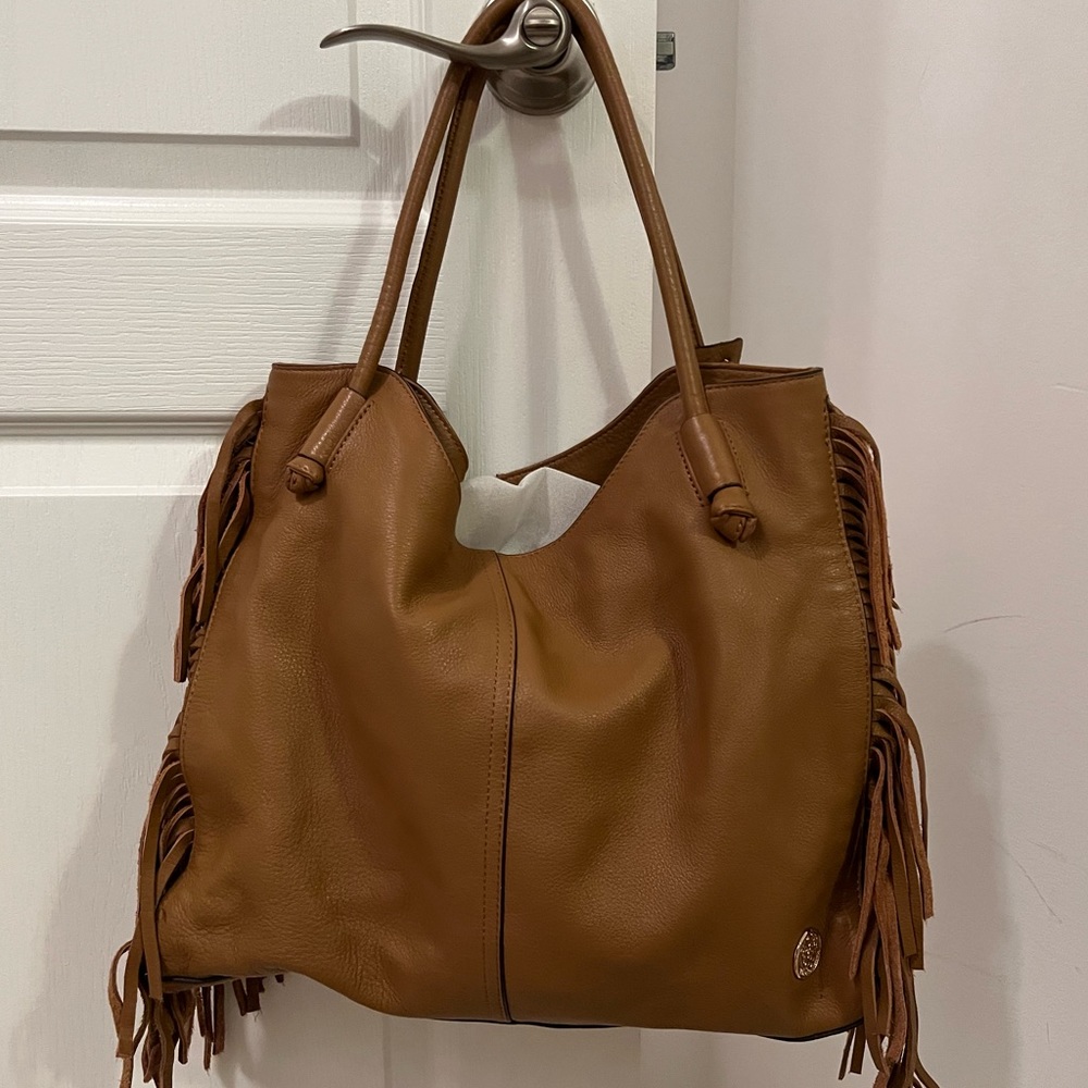 Vince Camuto Brown Leather Shoulder bad with fringe on the sides